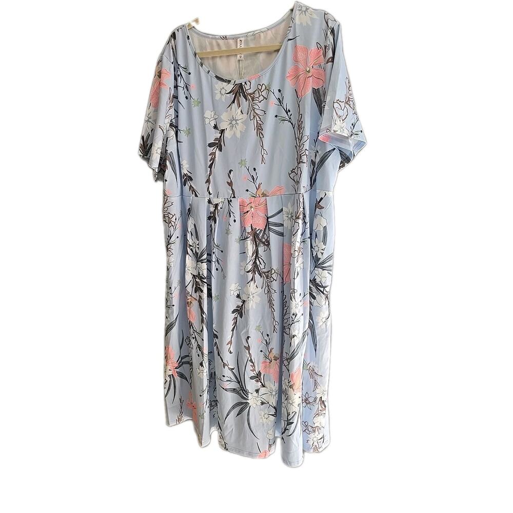 NWT ZOLUCKY Blue Floral Pleated Short Sleeve Summer Midi Dress Womans Size 3X